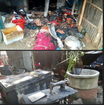তারিনপুর বৈদ্যুতিক গোলযোগে ভয়াবহ অগ্নিকাণ্ড: সর্বস্বান্ত সোনাজুলের পরিবার।”
